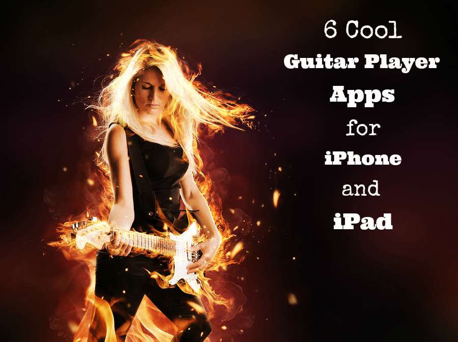 Portrait of burning young attractive blond woman playing on electric fire guitar